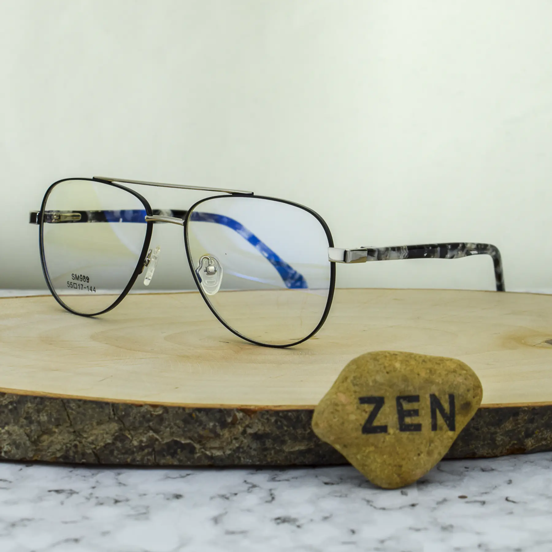 ZEN SM969 Metal Aviador Doble Puente Negro Detalles Plata Brazo Flex Acetato Marmolado Negro Blanco