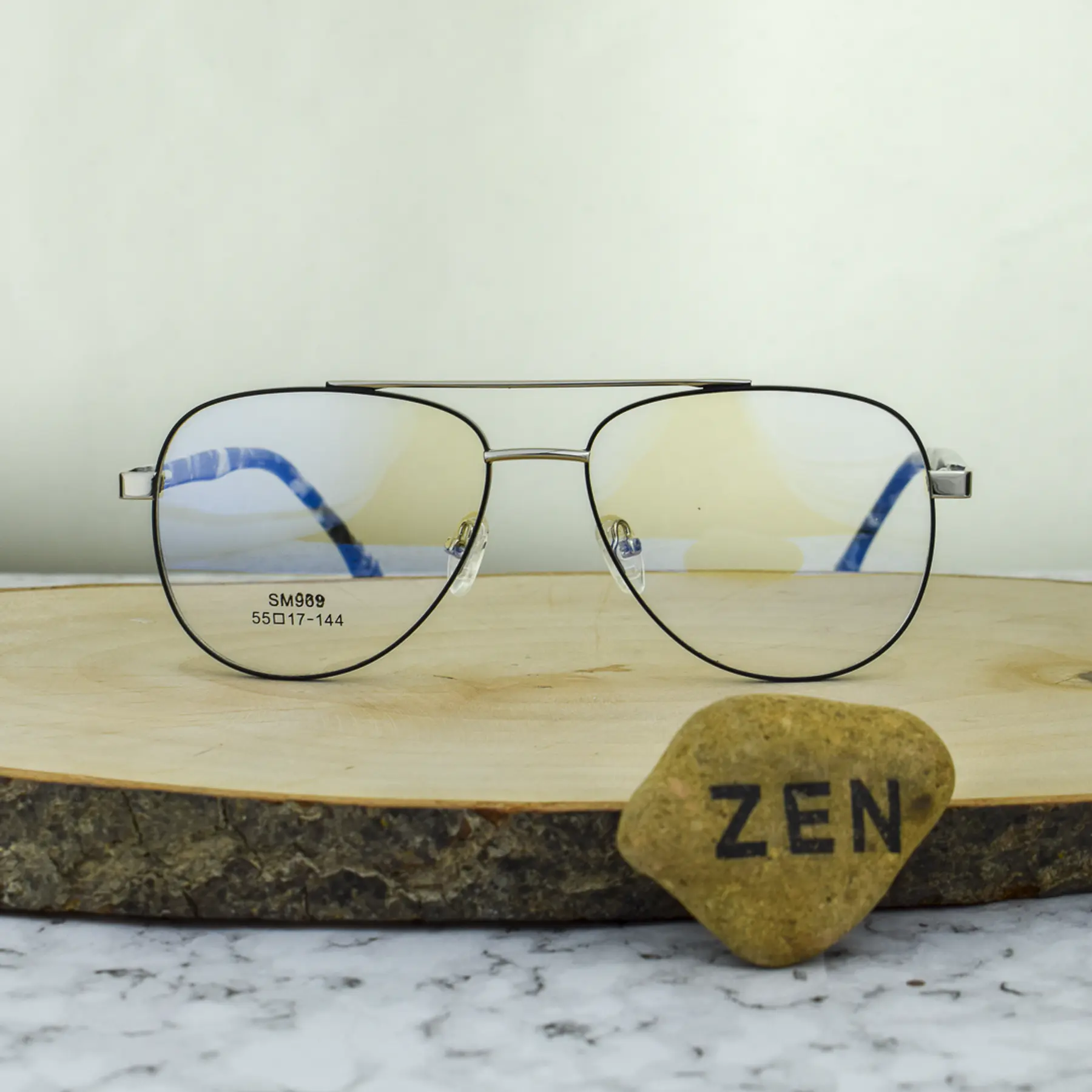 ZEN SM969 Metal Aviador Doble Puente Negro Detalles Plata Brazo Flex Acetato Marmolado Negro Blanco