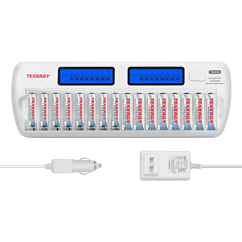 Cargador inteligente Tenergy TN438, 16 bahías, AA/AAA NiMH/NiCD con pantalla LCD y protección IC.
