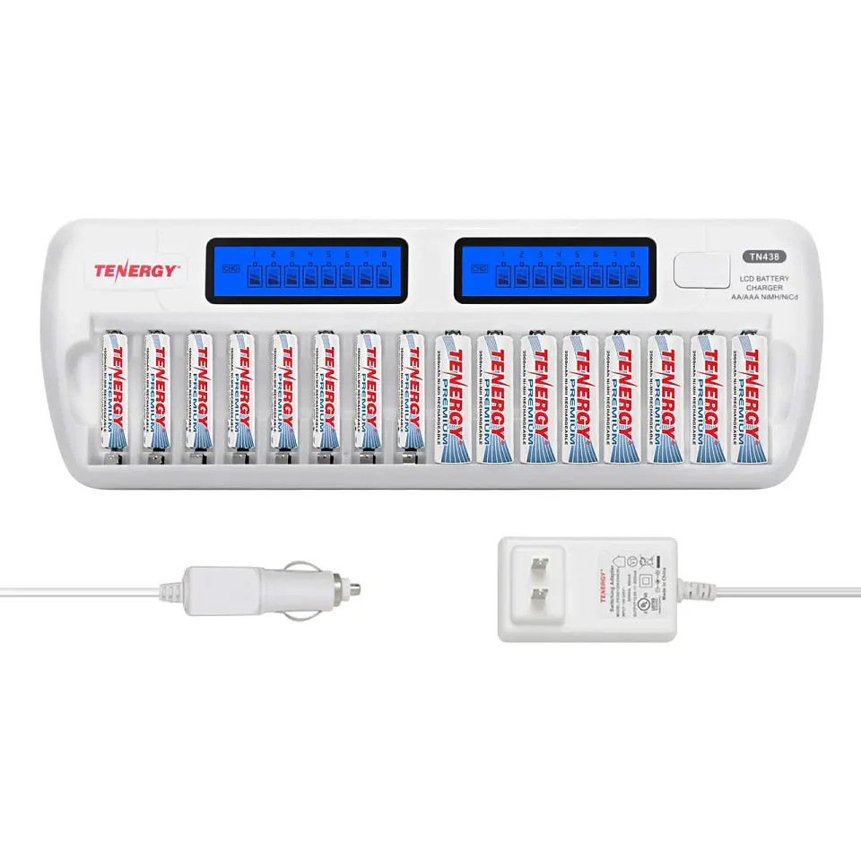Cargador inteligente Tenergy TN438, 16 bahías, AA/AAA NiMH/NiCD con pantalla LCD y protección IC. 1