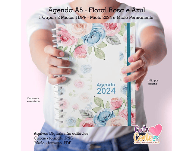 Arquivo agenda A5 floral rosa e azul - cute corte