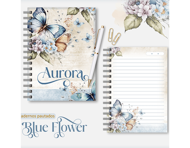 Arquivo Kit Caderno Floral Azul e Borboletas - Lina