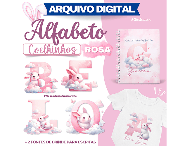 Kit Digital Alfabeto Coelhinho Rosa - Ilustracin