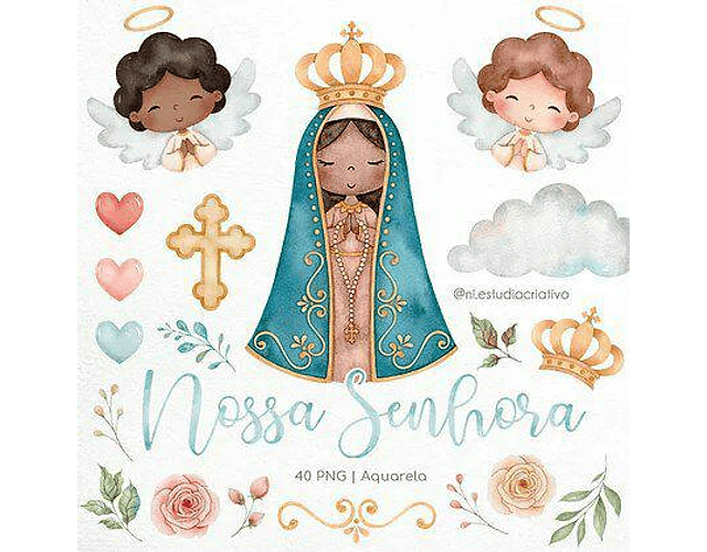 Kit Digital Papéis e Clipparts Nossa Senhora Aparecida Aquarela - Ni Estudio