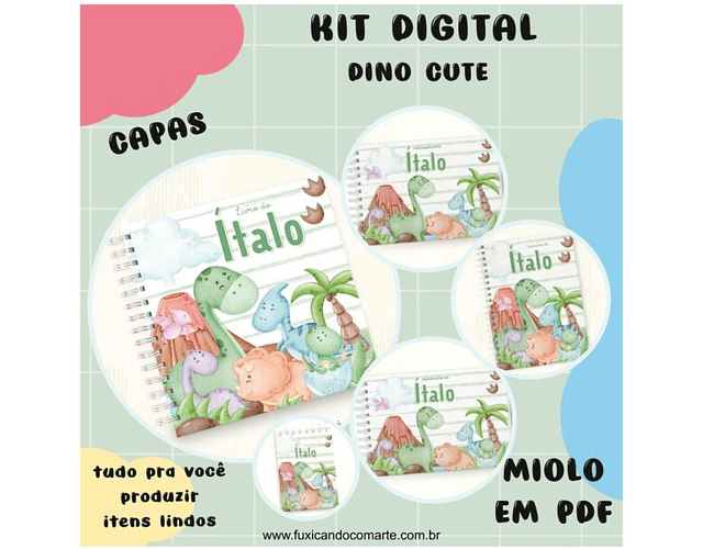 Arquivo Kit Encadernação Baby Dinossauro Cute Verde e Lilás - Fuxicando com Arte