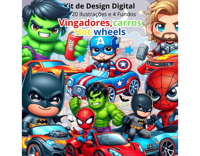 Kit Digital Heróis Vingadores com Carros Hot wheels