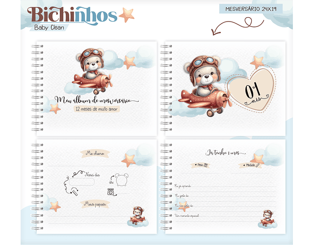 Arquivo Combo Encadernação Baby Ursinho Aviador Alfabeto