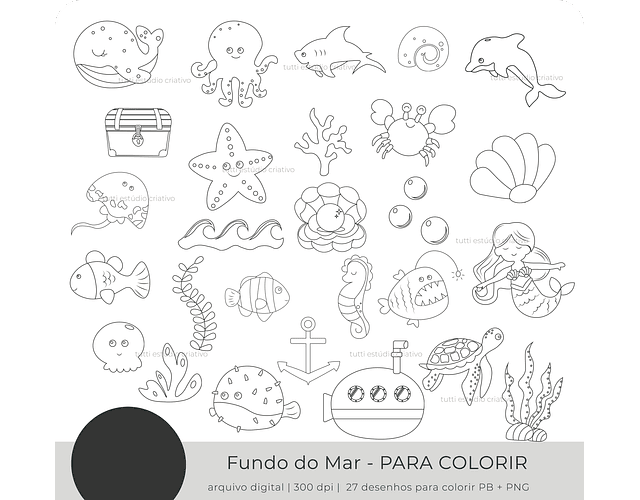 Kit Digital Fundo do Mar Para Colorir Preto e Branco - TUTTI