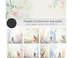 Kit Digital Papel Sunbonnet Aquarela Floral - tutti