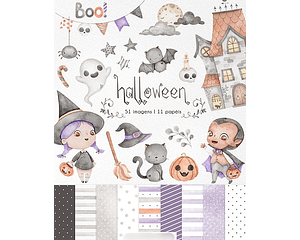 Kit digtal Halloween Aquarela Clipparts e Pápeis- Ni