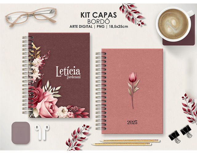 Arquivo Capas Kit Floral Bordô - Moldes da Lê