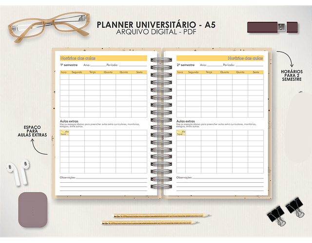 Arquivo coleção mística planner universitario A5 horizontal 2025 - Moldes da Le 