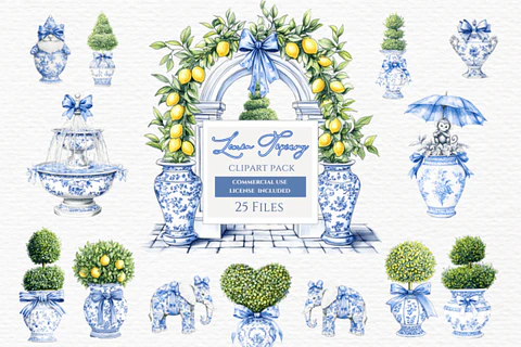 Kit Digital Limão e Porcelana - Aurora Clippart 