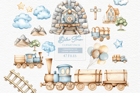 Kit Digital Trenzinho Azul Aquarela - Aurora Clippart