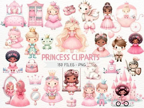 Kit Digital Princesas Rosa Aquarela - Nicolles