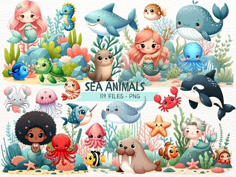 KIt Digital Fundo do Mar Sereias - Nicolles