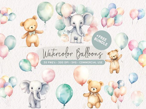 Kit Digital Animais Com Balões Aquarela - Kioshi