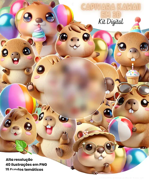 Kit Digital Capivara Kawaii 3D - ETERNIZE