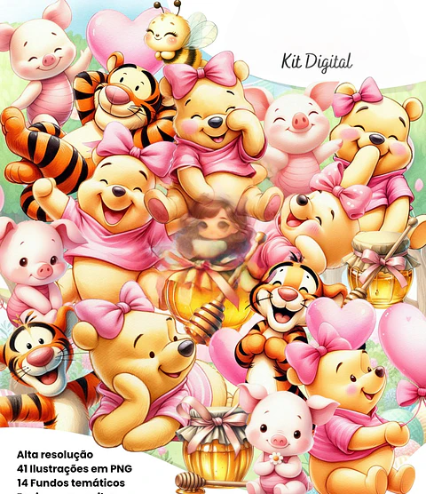 Kit Digital Ursinho Pooh rosa aquarela - ETERNIZE
