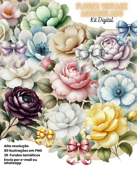 Kit Digital Flores Vintage Aquarelado - ETERNIZE