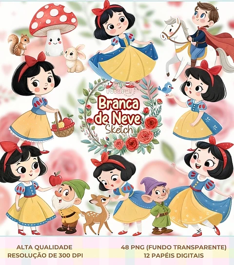 Kit Digital Branca de Neve Sketch - Que Fofura 