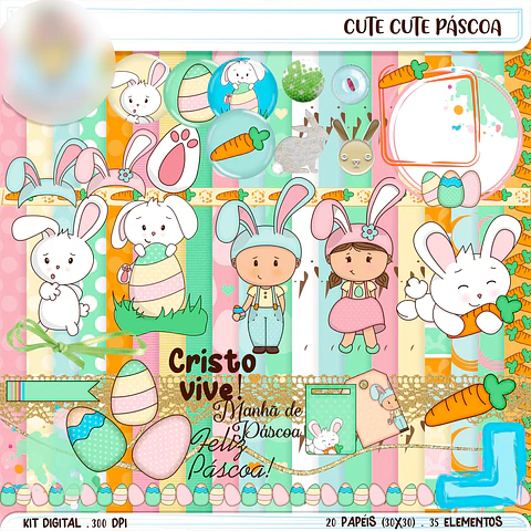 Kit Digital Páscoa Coelhinhos - Balãozinho de Papel 