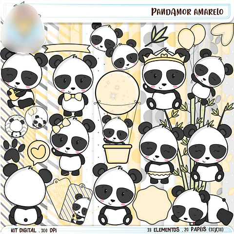 Kit Digital Pandinha Amor Amarelo - Balãozinho de Papel 