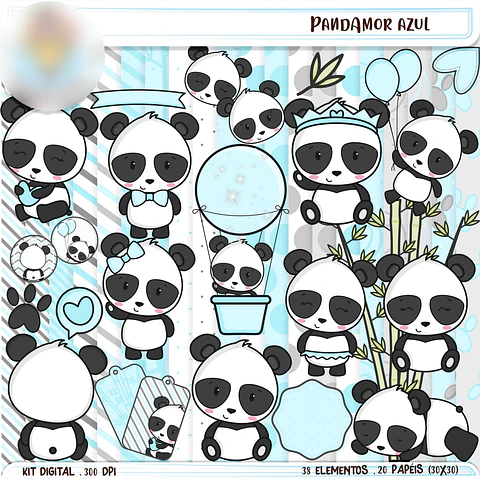 Kit Digital Pandinha Amor Azul - Balãozinho de Papel 