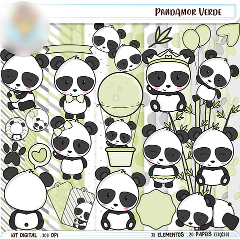 Kit Digital Pandinha Amor Verde - Balãozinho de Papel 