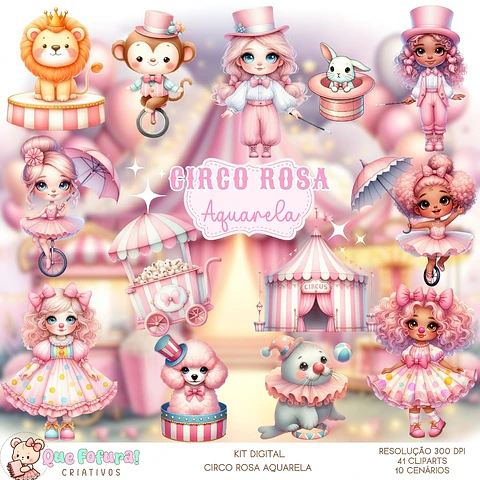 Kit Digital Circo Rosa Aquarela - Que Fofura 