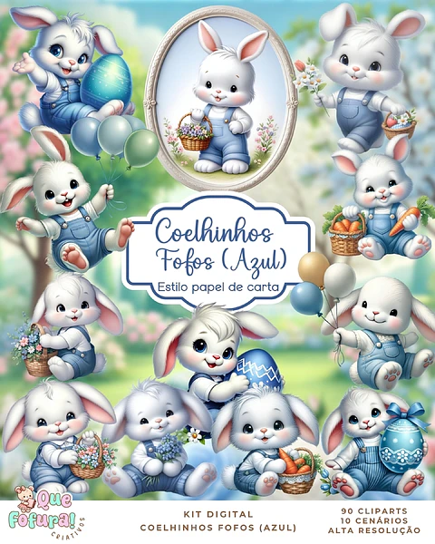 Kit Digital Coelhinhos Fofos Azul - Que Fofura 