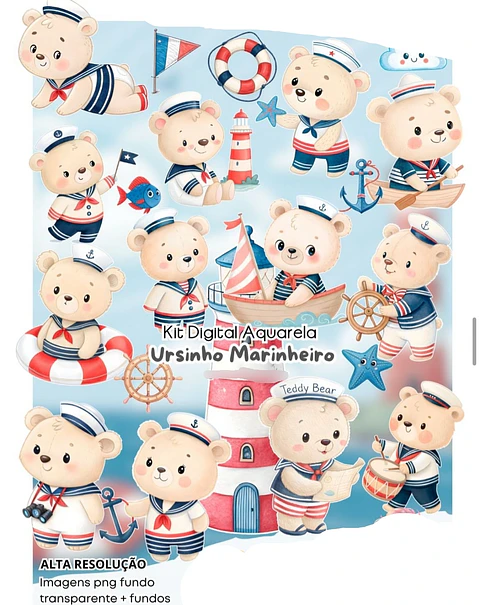 Kit Digital Ursinho Marinheiro Aquarela - Fanddy