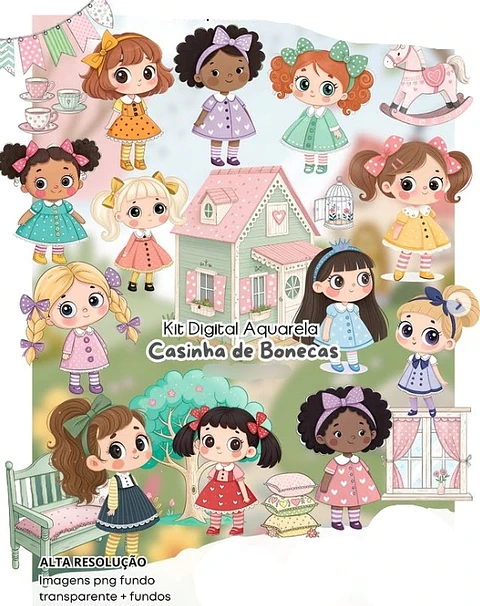 Kit Digital Casinha de Bonecas Aquarela - Fanddy