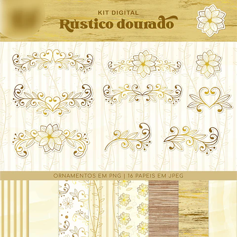 Kit Digital Papéis Rústico Dourado