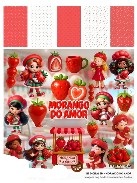 Kit Digital Morango do Amor 3D - Fanddy 