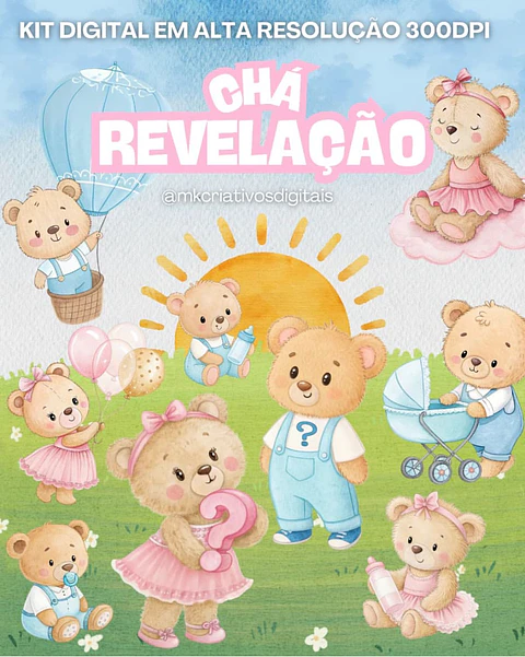 Kit Digital Chá Revelação Ursinhos 