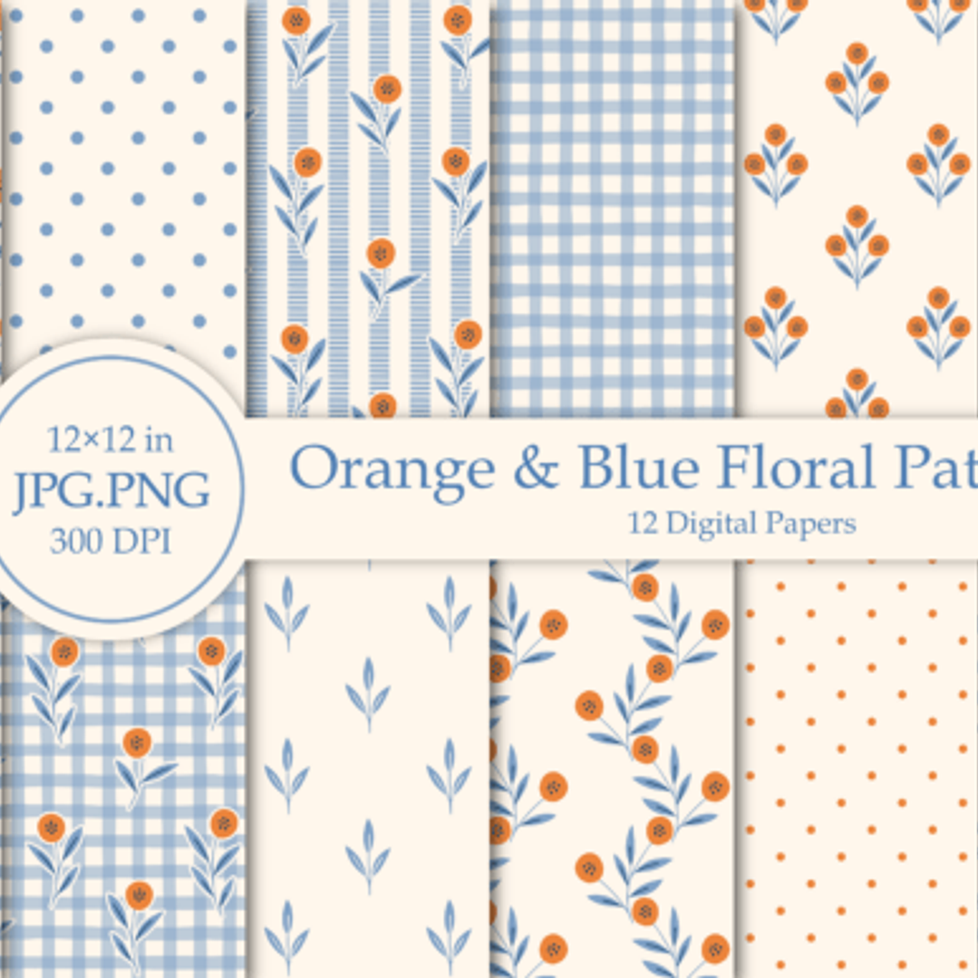 Kit Digital Floral Azul e Laranja 1