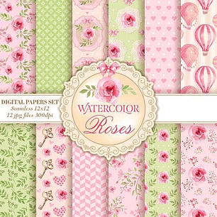 Kit Digital Papéis Aquarela Rosas 