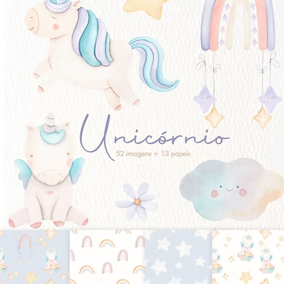 Kit Digital Unicórnio Aquarela - Estúdio Vigom  1