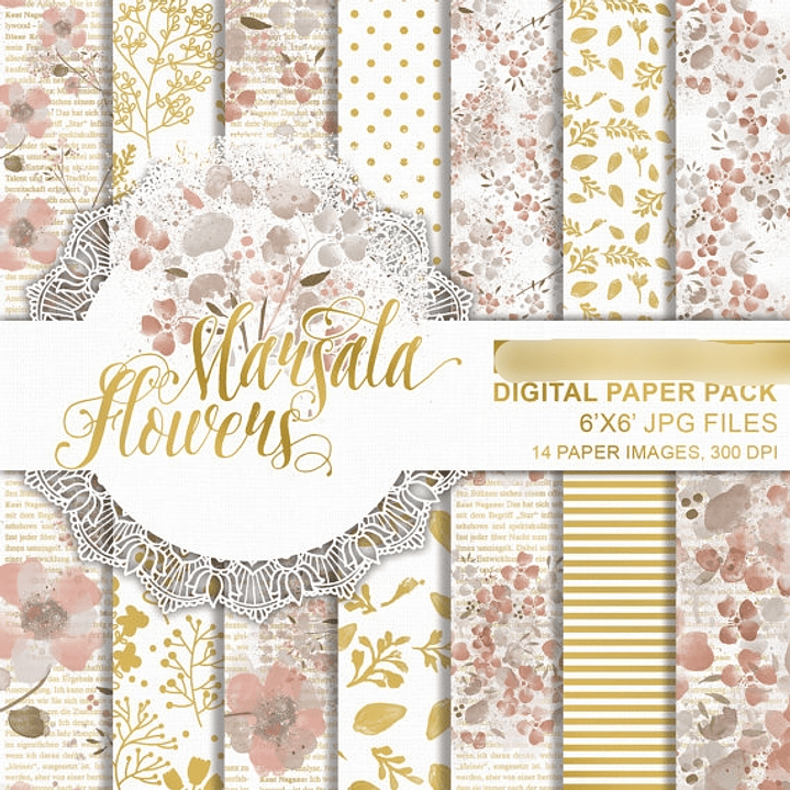 Kit Digital Papéis Flores em Aquarela Marsala 1
