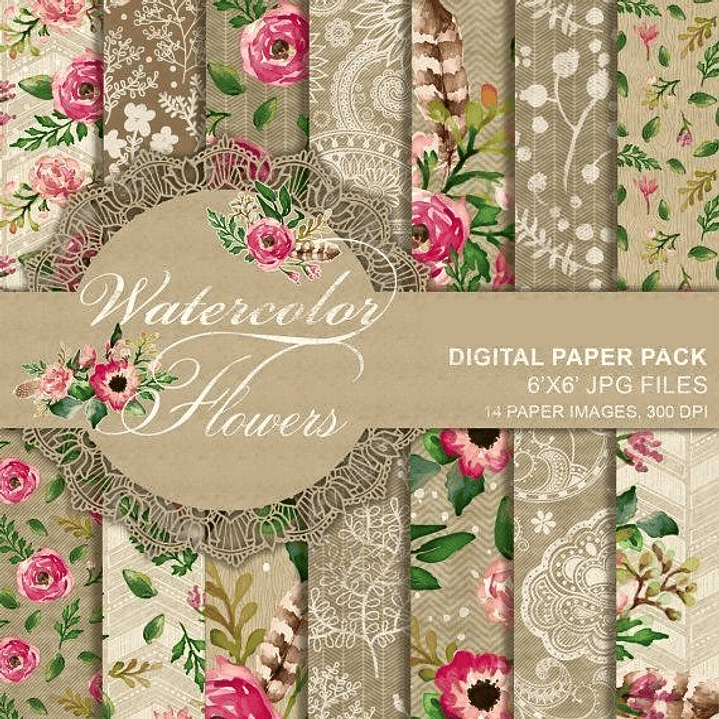 Kit Digital Papéis Flores Aquarela  1