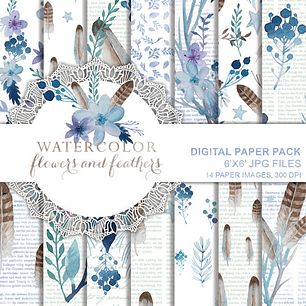 Kit Digital Papéis Aquarela Flores Azul