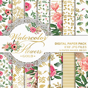 Kit Digital Papéis Aquarela Flores Douradas 
