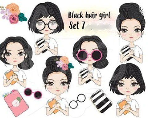 Kit Digital Menina Cabelos Pretos 