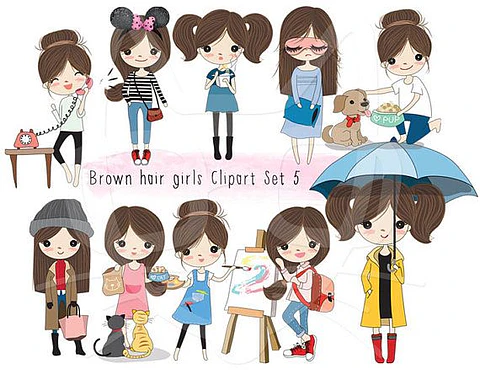 Kit Digital Conjunto de Cabelo Castanhos Garota 5