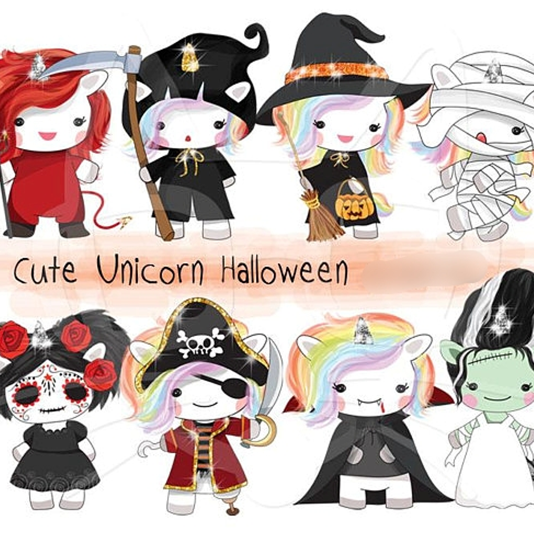 Kit Digital Unicórnio Cute Halloween  1