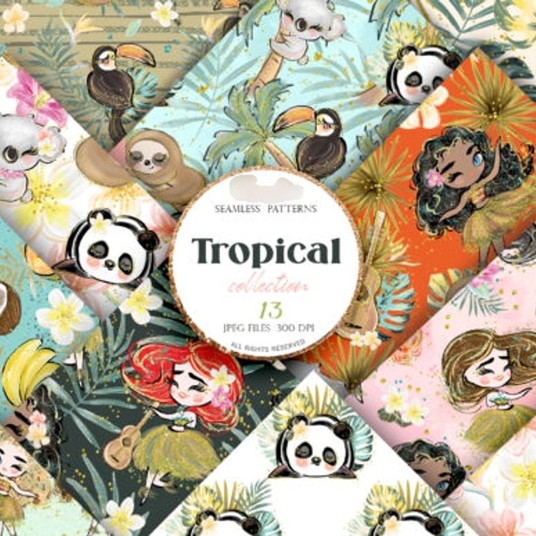 Kit Digital Papéis Tropical Aquarela  1