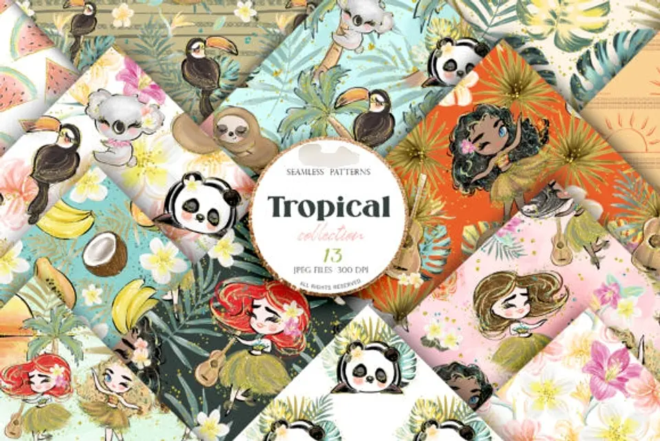 Kit Digital Papéis Tropical Aquarela  1