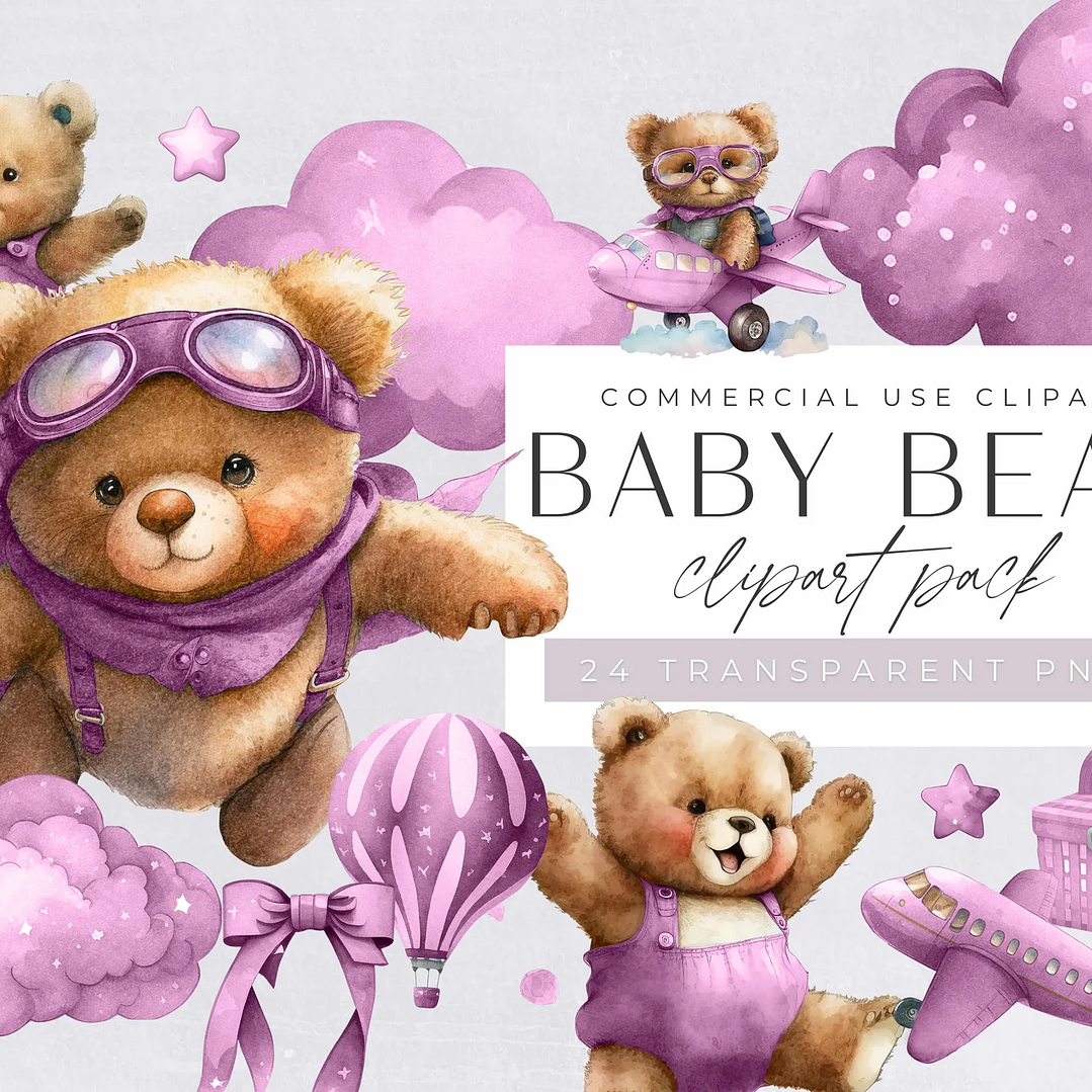 Kit Digital Ursinho de Pelúcia Aviador Lilás  1