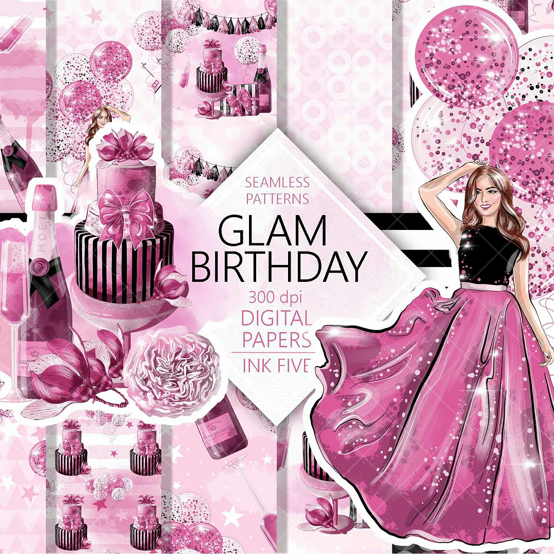 Kit Digital Papéis Aniversário Glamoroso 1